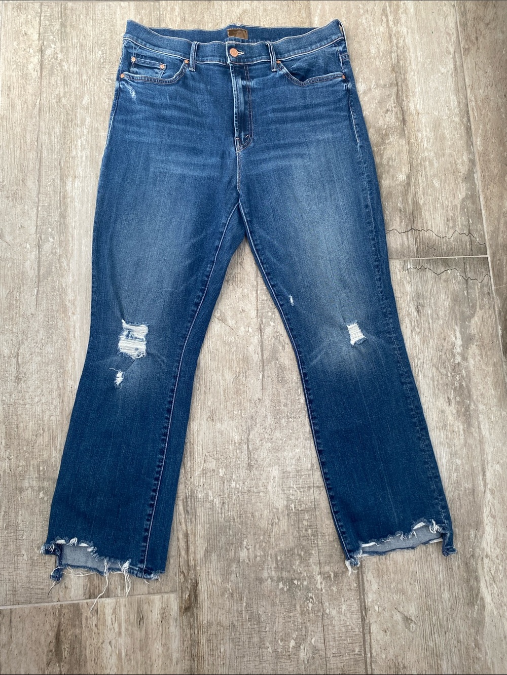 MOTHER Dark Blue Distressed Flare Jeans